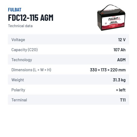 Batterie de traction Fulbat FDC12-115 AGM 12V 107Ah AGM