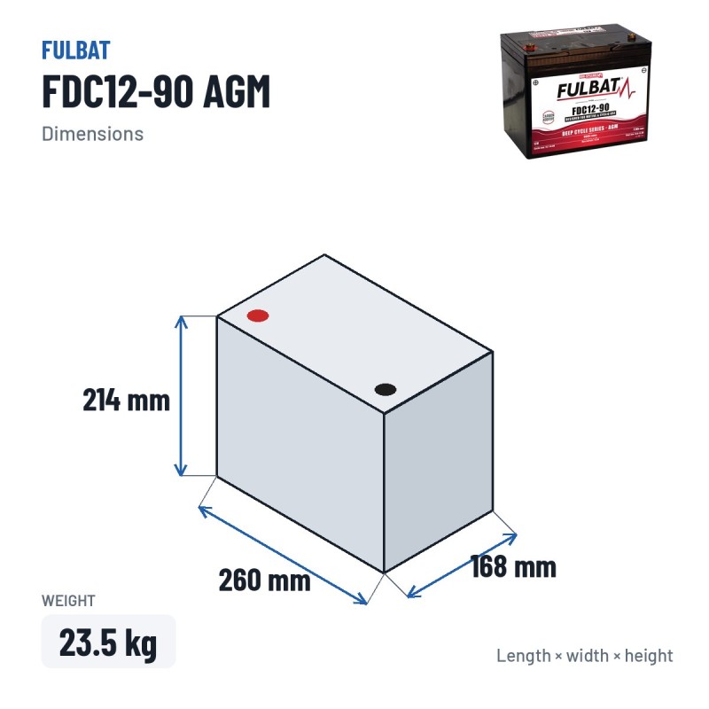 Traction battery Fulbat FDC12-90 AGM 12V 77Ah AGM – dimensions 260 × 168 × 214 mm