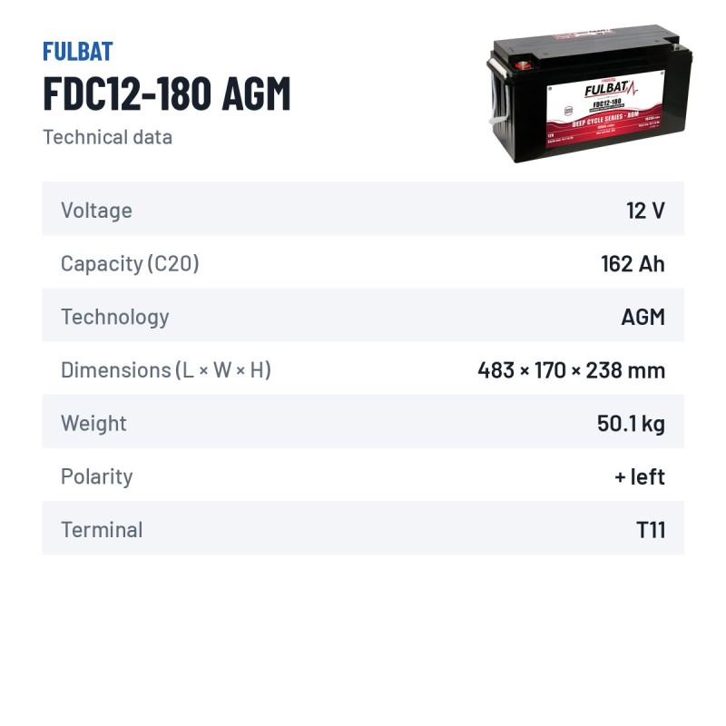 Traction battery Fulbat FDC12-180 AGM 12V 162Ah AGM – technical data