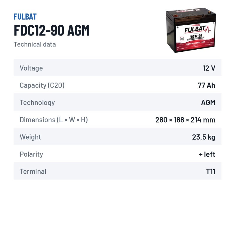 Batería de tracción Fulbat FDC12-90 AGM 12V 77Ah AGM – ficha técnica