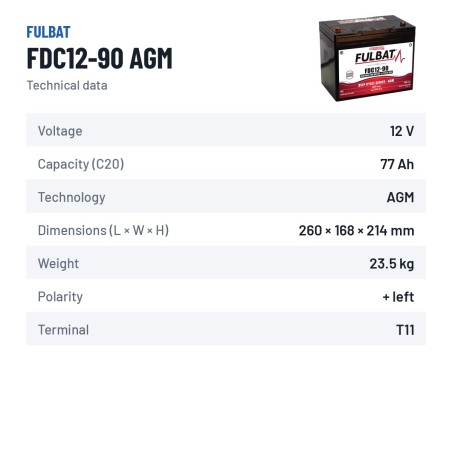Traction battery Fulbat FDC12-90 AGM 12V 77Ah AGM – technical data