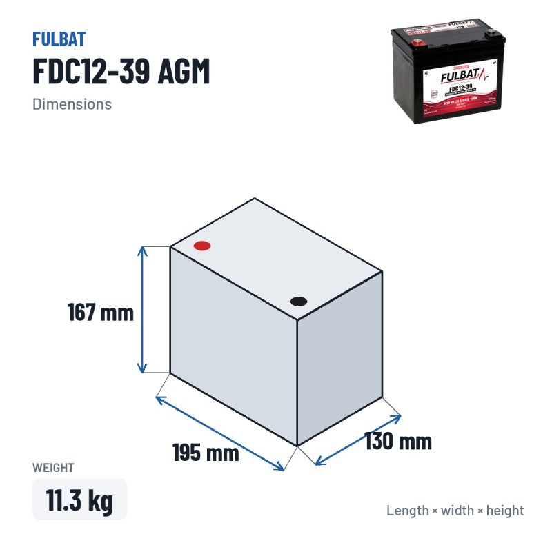 Batteria a trazione Fulbat FDC12-39 AGM 12V 35Ah AGM – dimensioni 195 × 130 × 167 mm