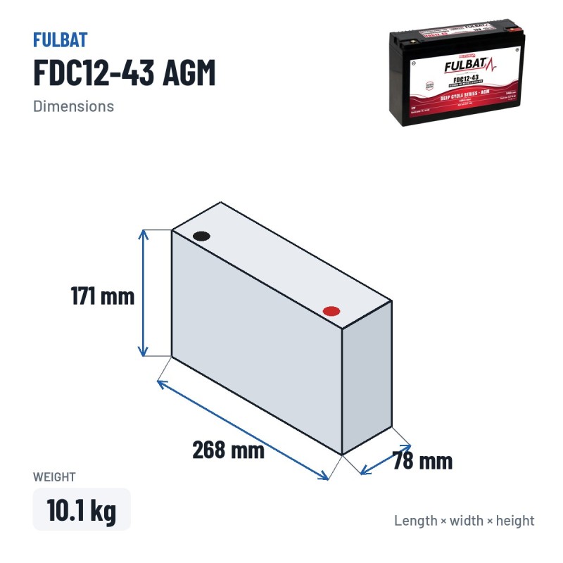 Batteria a trazione Fulbat FDC12-43 AGM 12V 34Ah AGM – dimensioni 268 × 78 × 171 mm