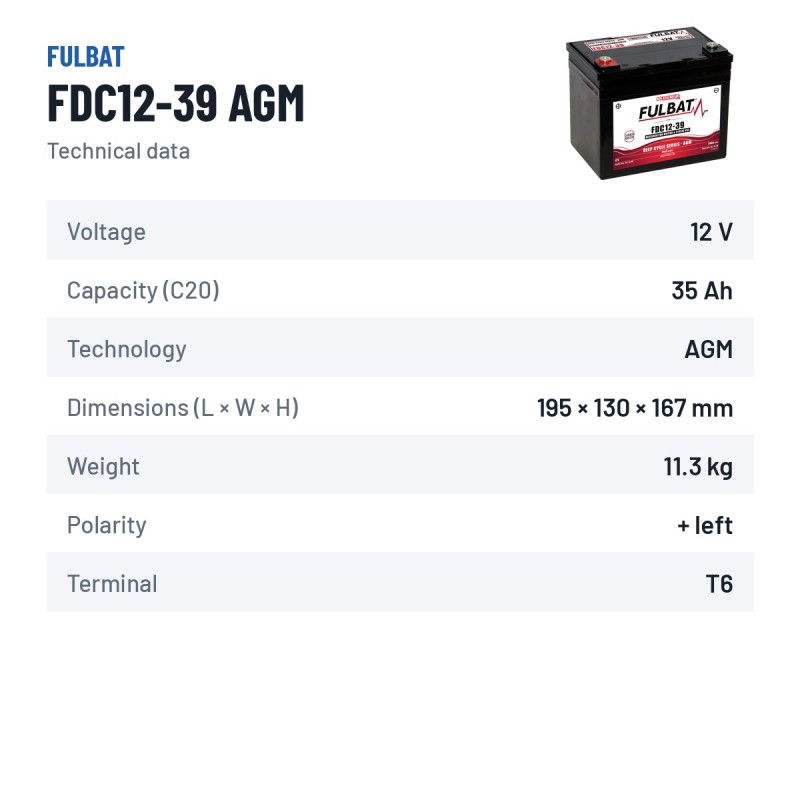 Batterie de traction Fulbat FDC12-39 AGM 12V 35Ah AGM – fiche technique