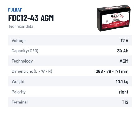 Batterie de traction Fulbat FDC12-43 AGM 12V 34Ah AGM – fiche technique