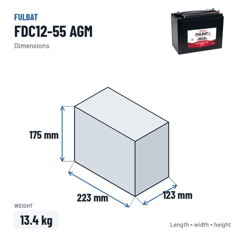 Batería de tracción Fulbat FDC12-55 AGM 12V 48Ah AGM – medidas 223 × 123 × 175 mm