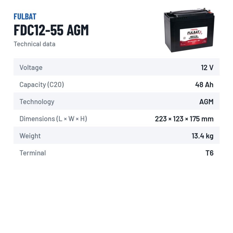 Batería de tracción Fulbat FDC12-55 AGM 12V 48Ah AGM – ficha técnica