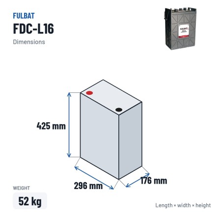 Bateria de tração Fulbat FDC-L16 6V 344Ah – medidas 296 × 176 × 425 mm