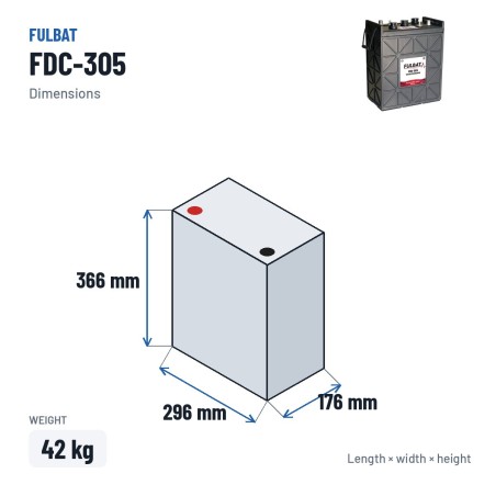 Batería de tracción Fulbat FDC-305 6V 271Ah – medidas 296 × 176 × 366 mm