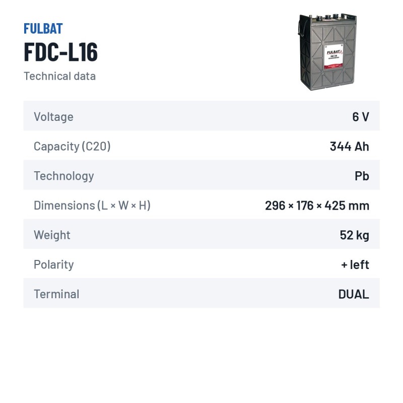 Bateria de tração Fulbat FDC-L16 6V 344Ah – ficha técnica
