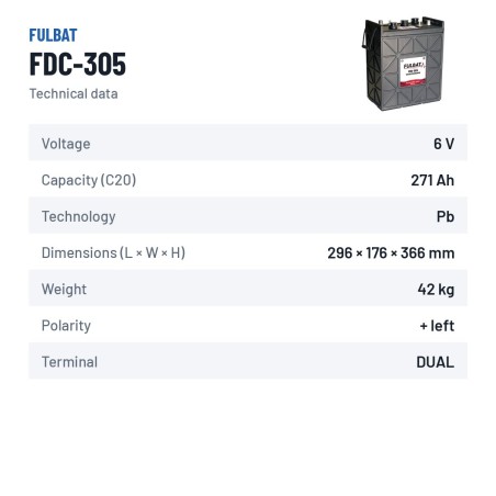 Batería de tracción Fulbat FDC-305 6V 271Ah – ficha técnica