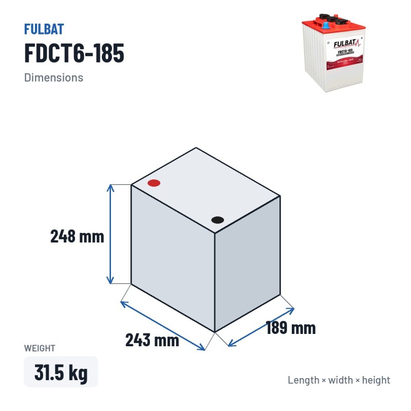 Batteria a trazione Fulbat FDCT6-185 6V 185Ah – dimensioni 243 × 189 × 248 mm