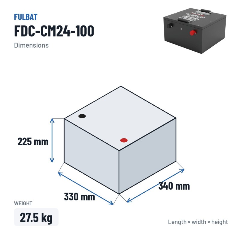 Floor scrubber battery Fulbat FDC-CM24-100 25.6V 100Ah LiFePO4 – dimensions 330 × 340 × 225 mm