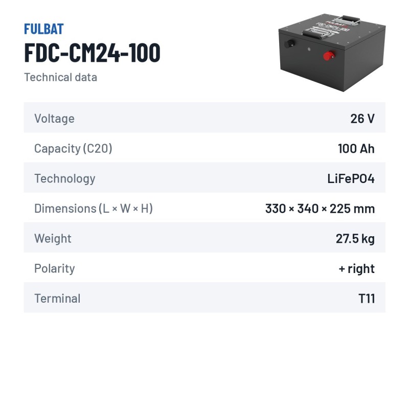 Batería para fregadora Fulbat FDC-CM24-100 25.6V 100Ah LiFePO4 – ficha técnica