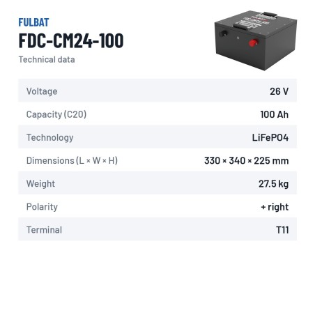 Floor scrubber battery Fulbat FDC-CM24-100 25.6V 100Ah LiFePO4 – technical data