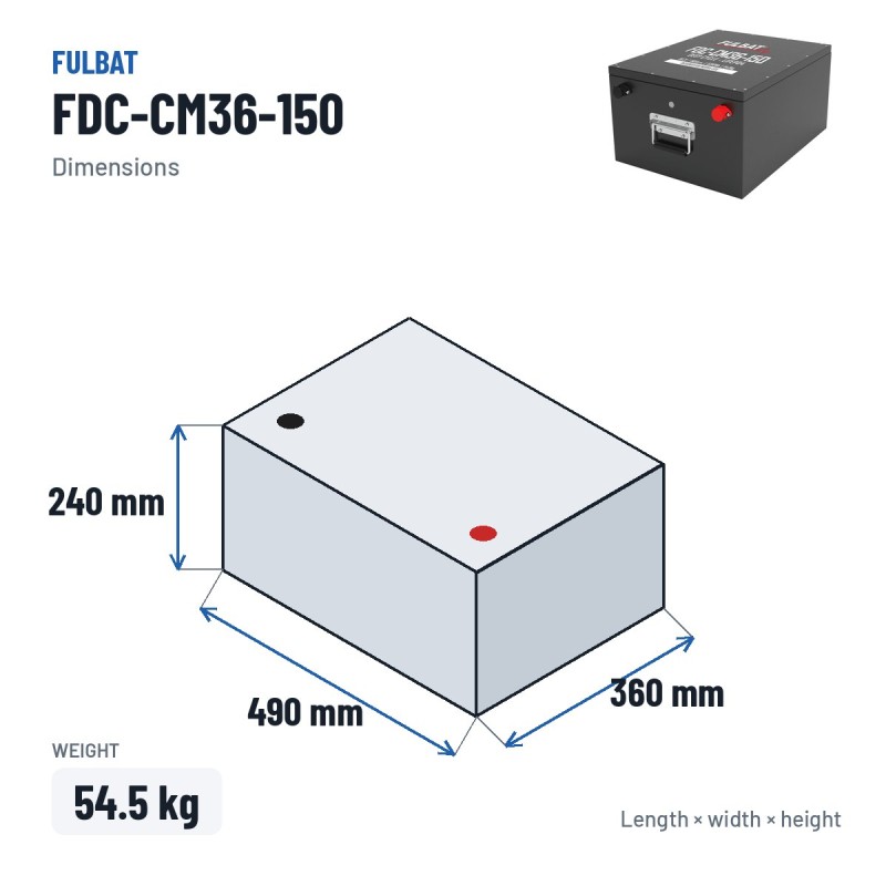 Batterie pour autolaveuse Fulbat FDC-CM36-150 36V 150Ah LiFePO4 – dimensions 490 × 360 × 240 mm