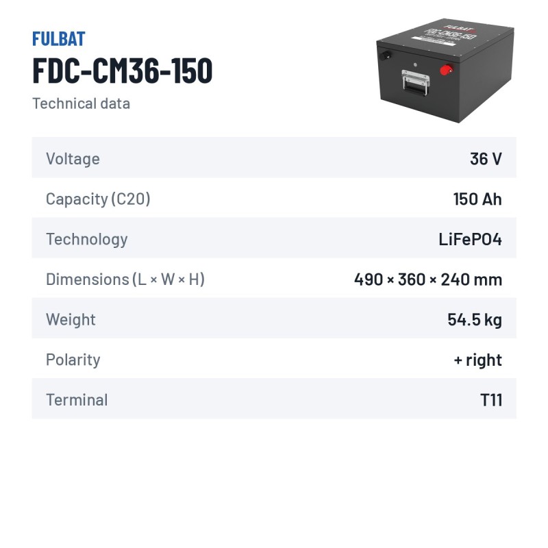 Batterie pour autolaveuse Fulbat FDC-CM36-150 36V 150Ah LiFePO4 – fiche technique