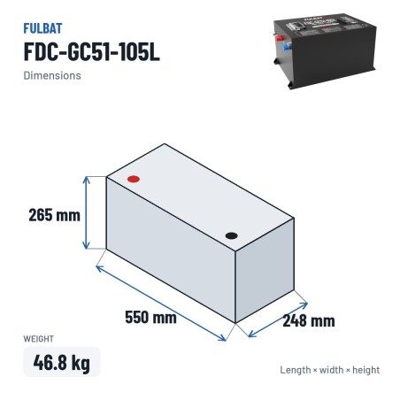 Golf cart battery Fulbat FDC-GC51-105L 51.2V 105Ah LiFePO4 – dimensions 550 × 248 × 265 mm
