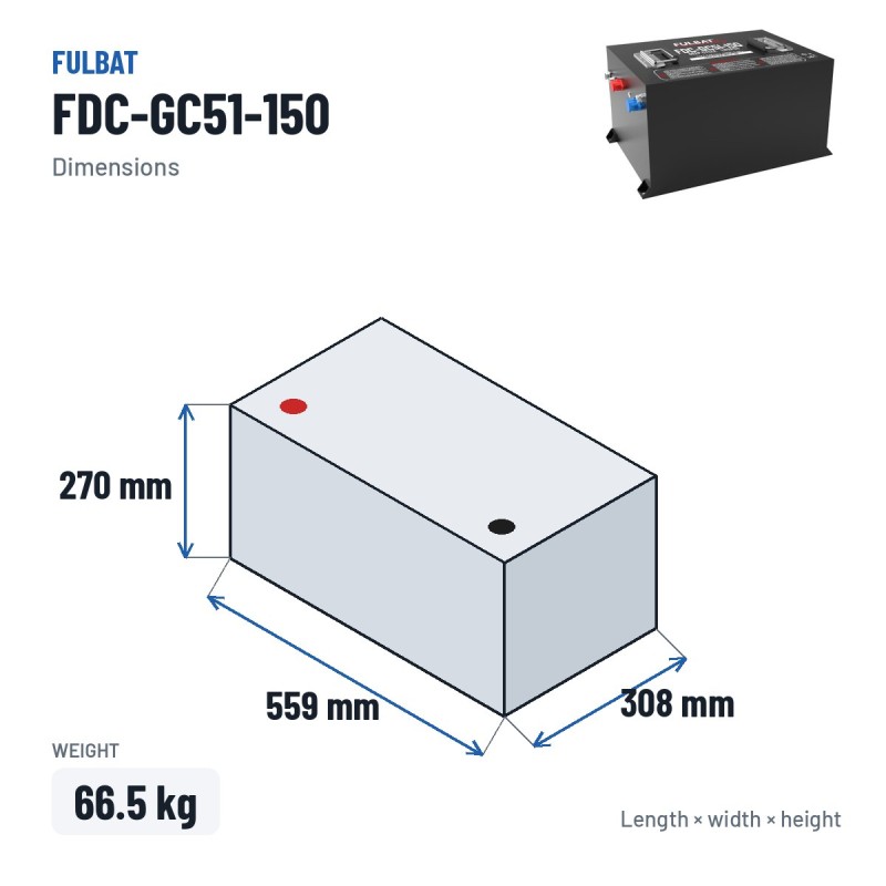 Golf cart battery Fulbat FDC-GC51-150 51V 150Ah LiFePO4 – dimensions 559 × 308 × 270 mm