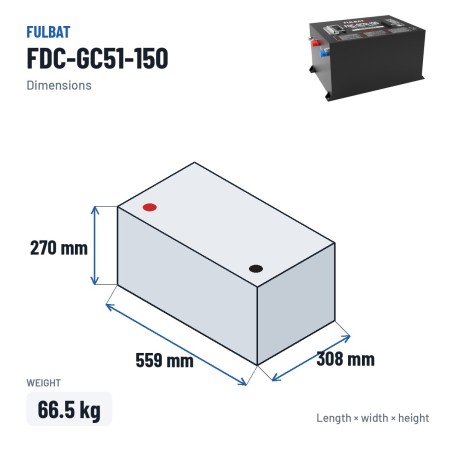 Bateria de carrinho de golfe Fulbat FDC-GC51-150 51V 150Ah LiFePO4 – medidas 559 × 308 × 270 mm