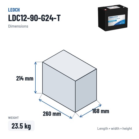 Mobility scooter battery Leoch LDC12-90-G24-T 12V 85Ah AGM – dimensions 260 × 168 × 214 mm