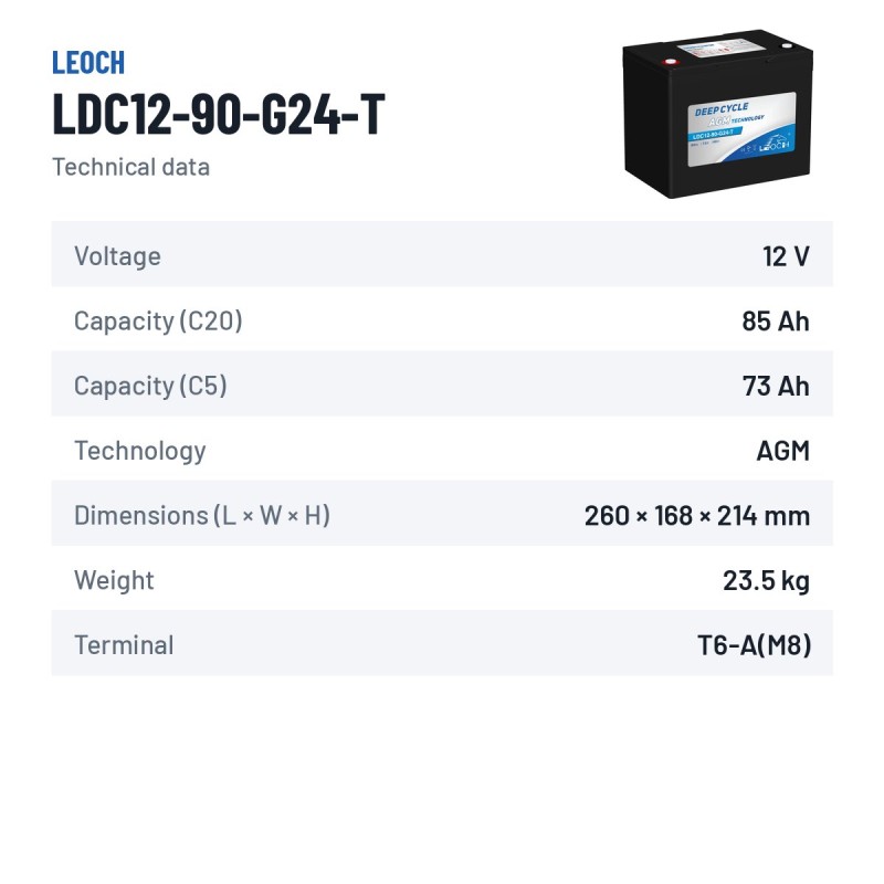 Mobility scooter battery Leoch LDC12-90-G24-T 12V 85Ah AGM – technical data