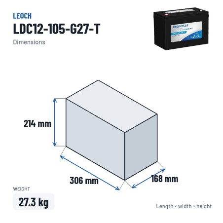 Floor scrubber battery Leoch LDC12-105-G27-T 12V 105Ah AGM – dimensions 306 × 168 × 214 mm