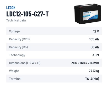 Floor scrubber battery Leoch LDC12-105-G27-T 12V 105Ah AGM – technical data