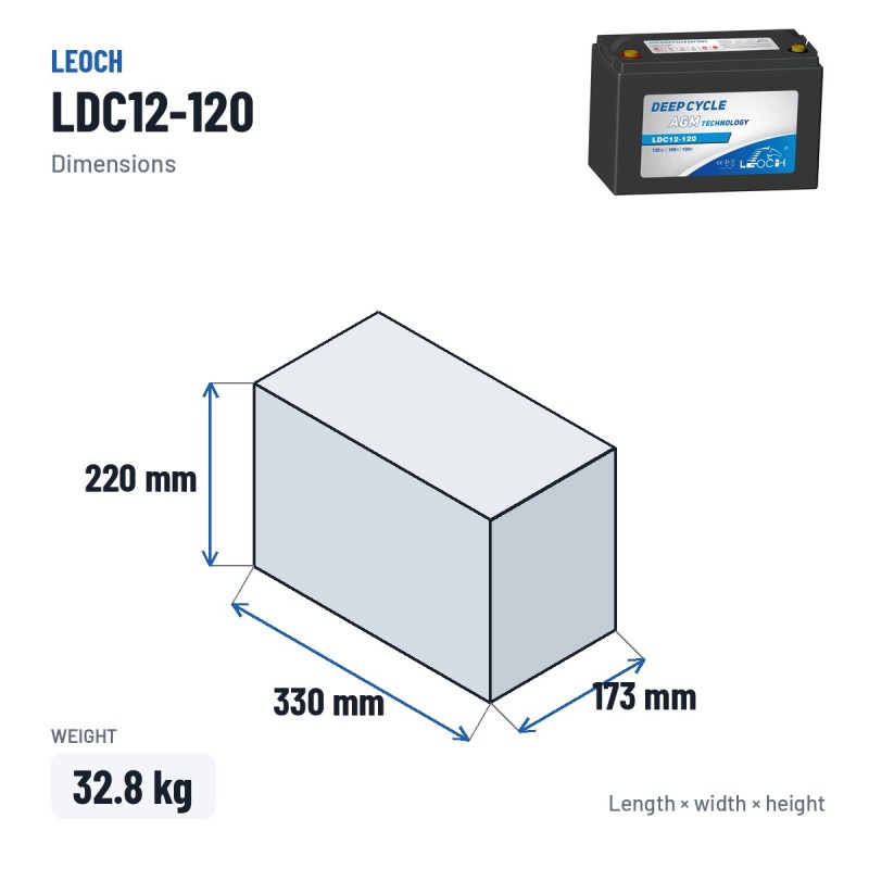 Batterie pour autolaveuse Leoch LDC12-120 12V 120Ah AGM – dimensions 330 × 173 × 220 mm
