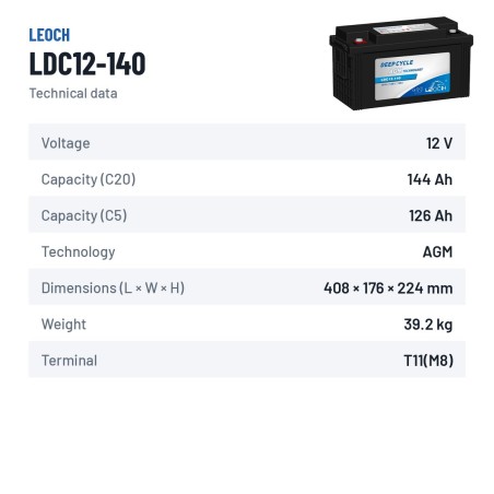 Wohnmobilbatterie Leoch LDC12-140 12V 144Ah AGM | baterias.com