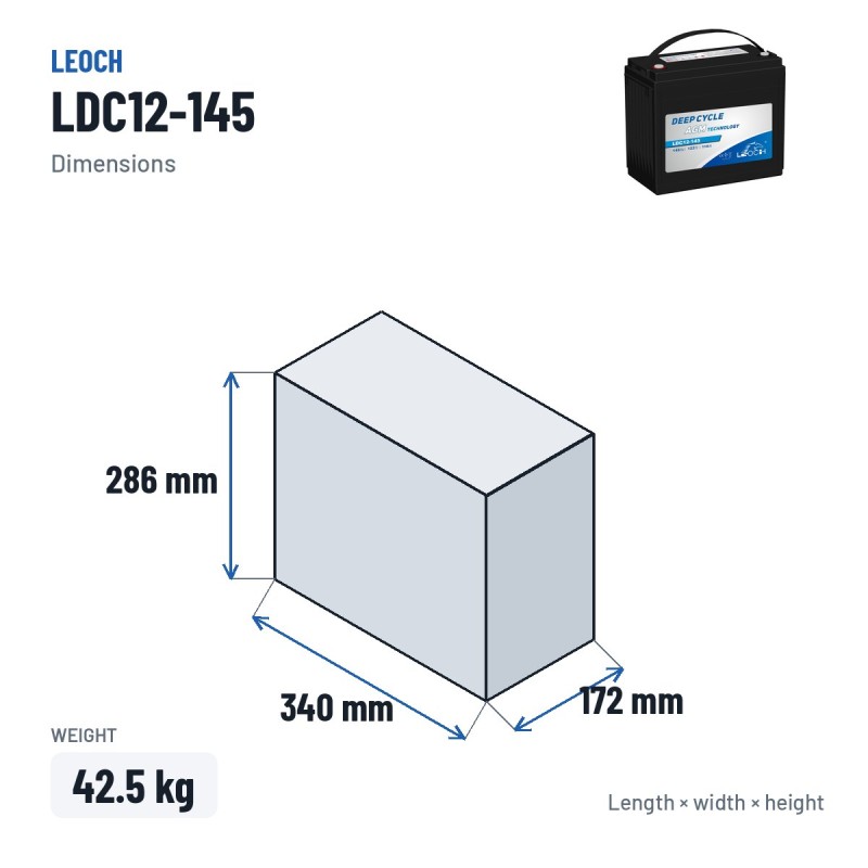 Batterie camping-car Leoch LDC12-145 12V 148Ah AGM – dimensions 340 × 172 × 286 mm