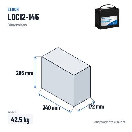 Batterie camping-car Leoch LDC12-145 12V 148Ah AGM – dimensions 340 × 172 × 286 mm