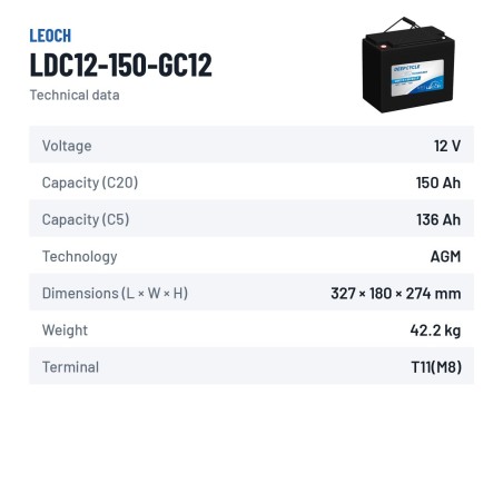 Batería de caravana Leoch LDC12-150-GC12 12V 150Ah AGM – ficha técnica