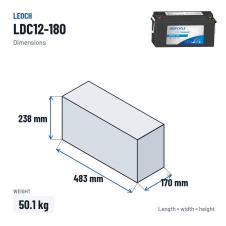 Batteria caravan Leoch LDC12-180 12V 180Ah AGM – dimensioni 483 × 170 × 238 mm