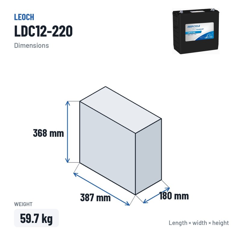 Caravan battery Leoch LDC12-220 12V 220Ah AGM – dimensions 387 × 180 × 368 mm