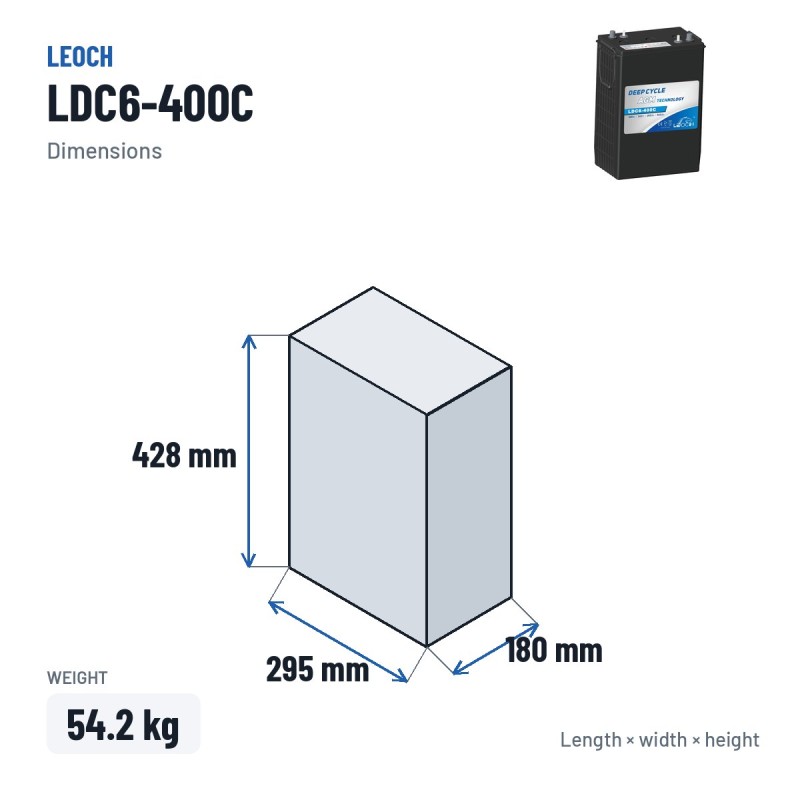 Batterie de voiturette de golf Leoch LDC6-400C 6V 400Ah AGM – dimensions 295 × 180 × 428 mm