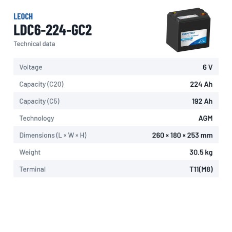 Batterie de voiturette de golf Leoch LDC6-224-GC2 6V 224Ah AGM – fiche technique