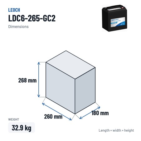 Batterie de voiturette de golf Leoch LDC6-265-GC2 6V 268Ah AGM – dimensions 260 × 180 × 268 mm
