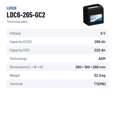 Batterie de voiturette de golf Leoch LDC6-265-GC2 6V 268Ah AGM – fiche technique