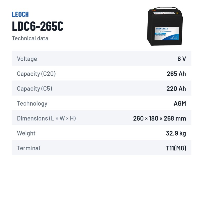 Batteria per golf cart Leoch LDC6-265C 6V 265Ah AGM