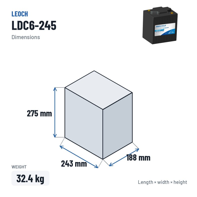 Golfcar-Batterie Leoch LDC6-245 6V 245Ah AGM – Abmessungen 243 × 188 × 275 mm