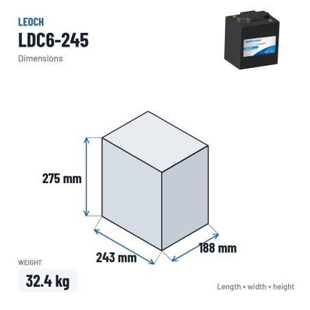Golfcar-Batterie Leoch LDC6-245 6V 245Ah AGM – Abmessungen 243 × 188 × 275 mm