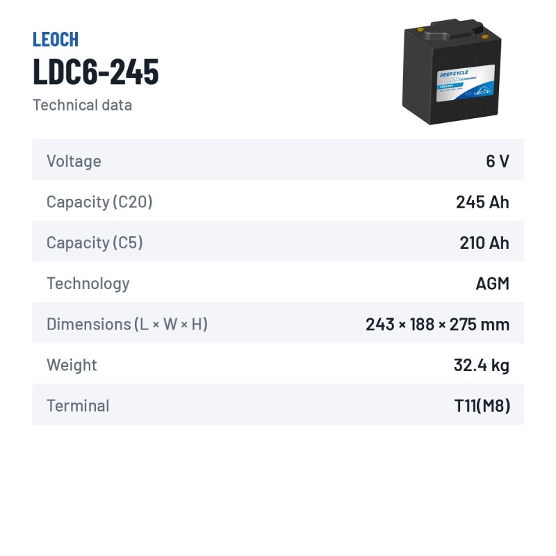 Batteria per golf cart Leoch LDC6-245 6V 245Ah AGM – scheda tecnica