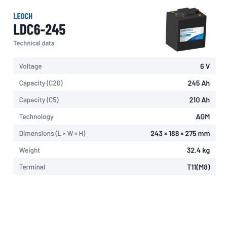 Batteria per golf cart Leoch LDC6-245 6V 245Ah AGM – scheda tecnica