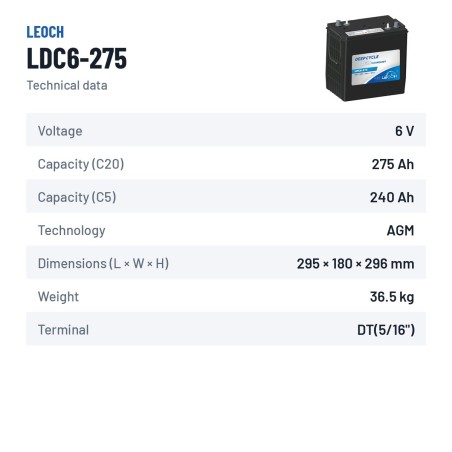 Batería de carrito de golf Leoch LDC6-275 6V 275Ah AGM – ficha técnica