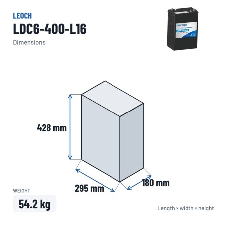 Batterie de voiturette de golf Leoch LDC6-400-L16 6V 400Ah AGM – dimensions 295 × 180 × 428 mm