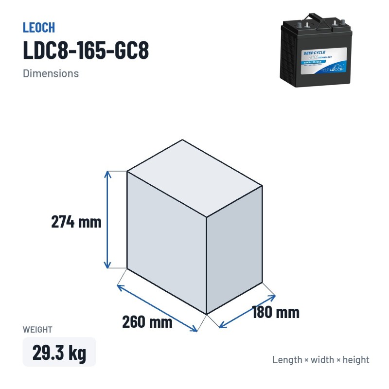 Golf cart battery Leoch LDC8-165-GC8 8V 165Ah AGM – dimensions 260 × 180 × 274 mm