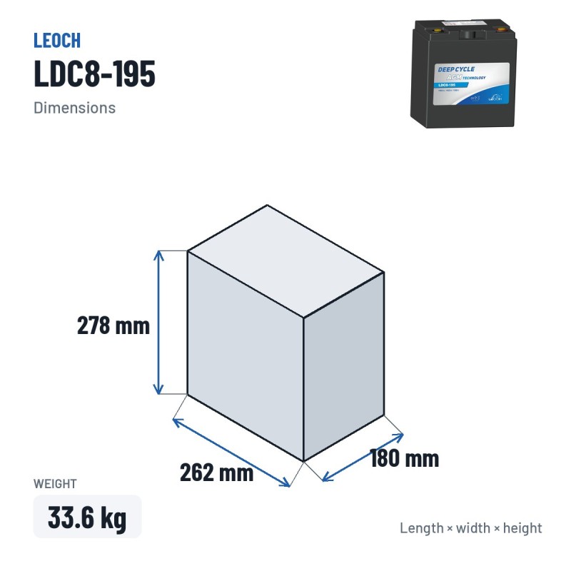 Batería de carrito de golf Leoch LDC8-195 8V 195Ah AGM – medidas 262 × 180 × 278 mm