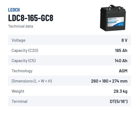Golf cart battery Leoch LDC8-165-GC8 8V 165Ah AGM – technical data