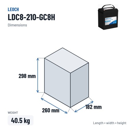 Batería de carrito de golf Leoch LDC8-210-GC8H 8V 210Ah AGM – medidas 260 × 182 × 298 mm